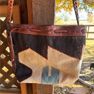 Boho Woven Shoulder Bag with Brown Leather Trim - Black, Cream & Brown